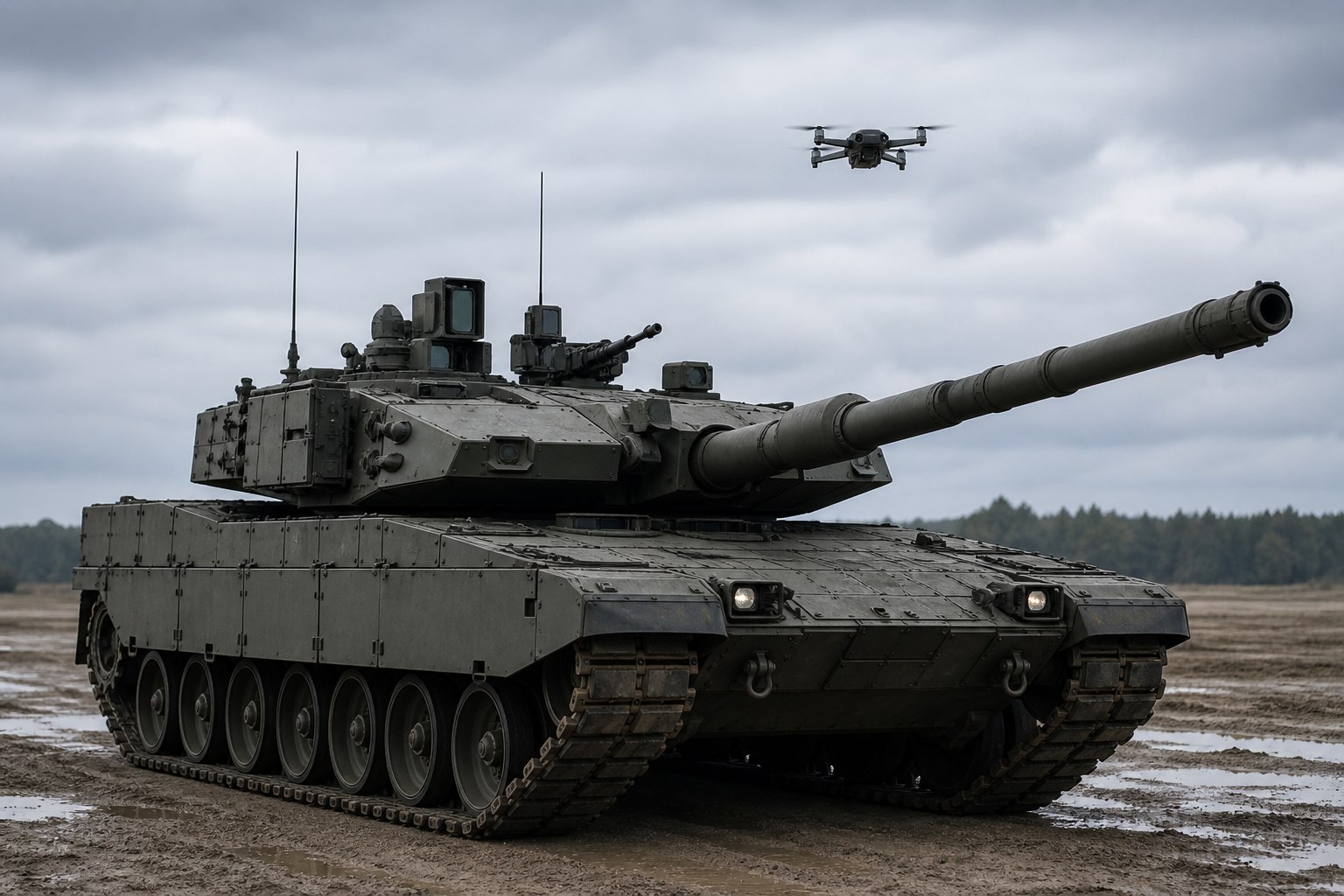Modern tank and reconnaissance drone at a non-combat proving ground