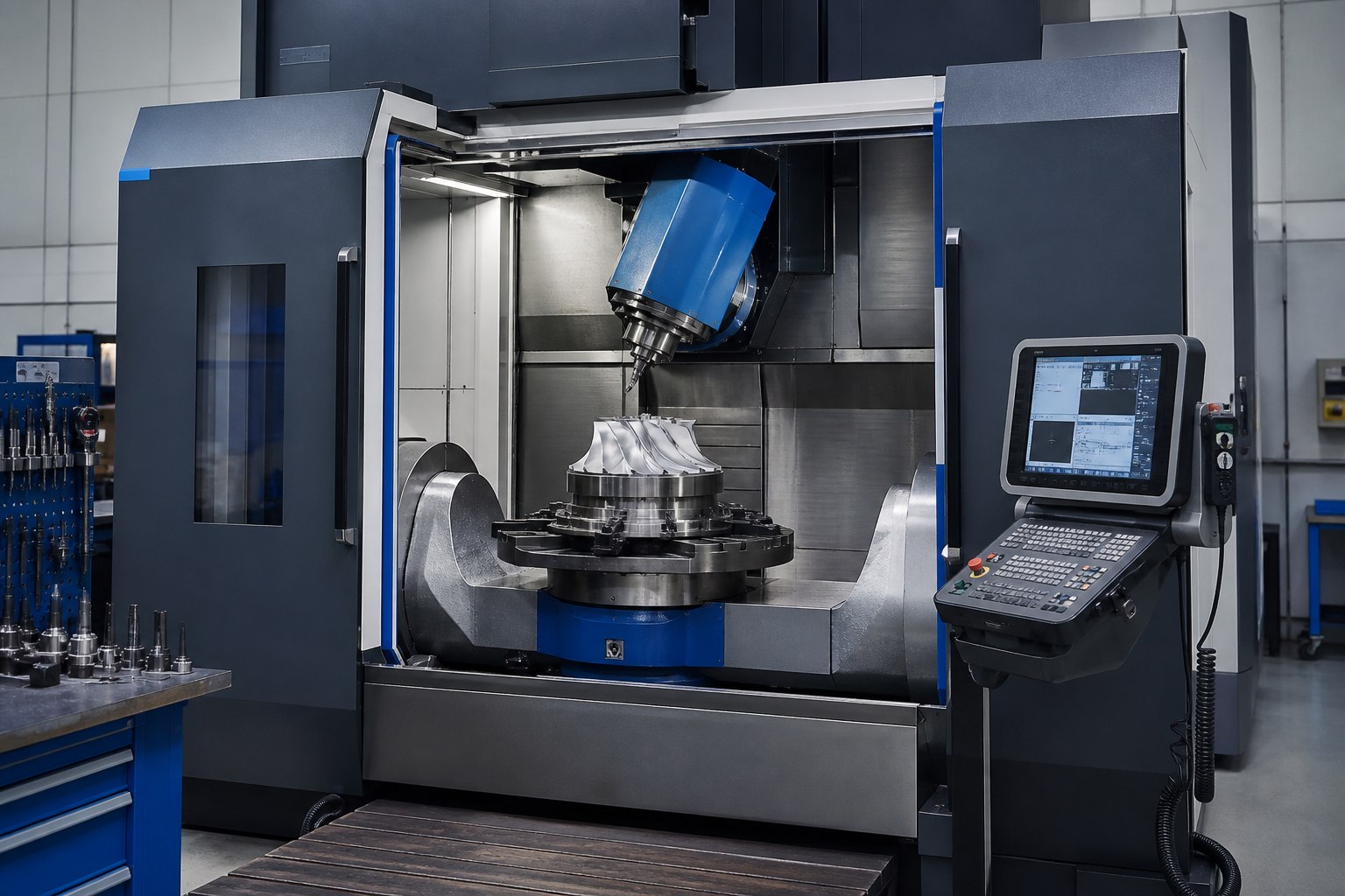 Large five-axis CNC machining center with its work zone open