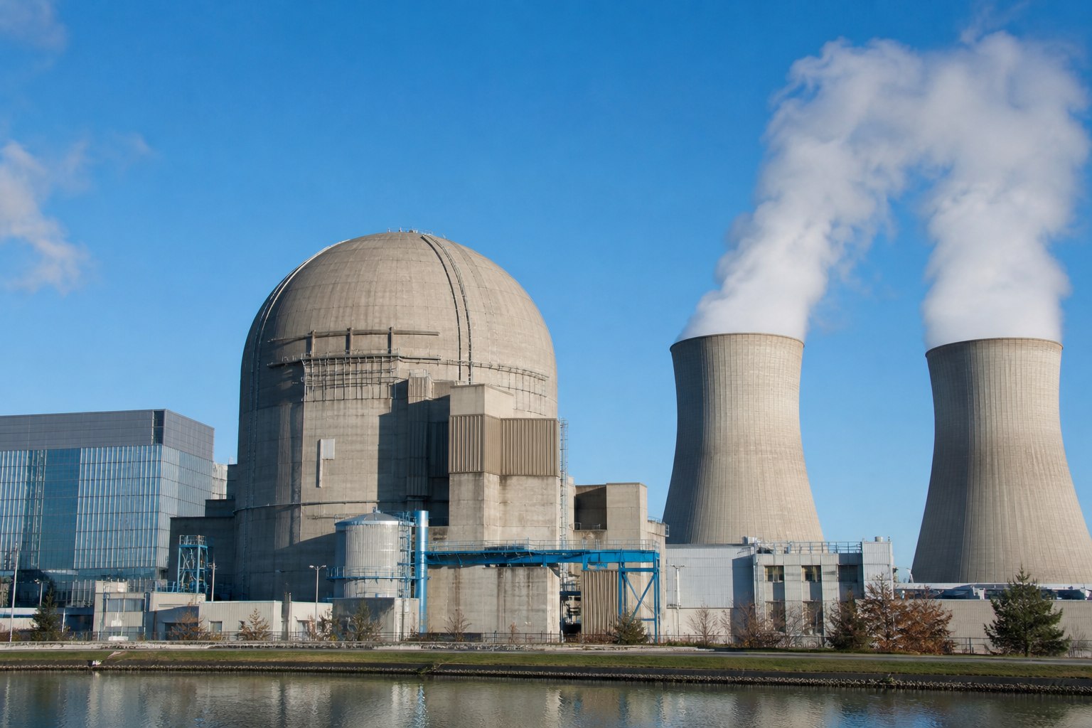 Nuclear power station with containment dome and cooling towers